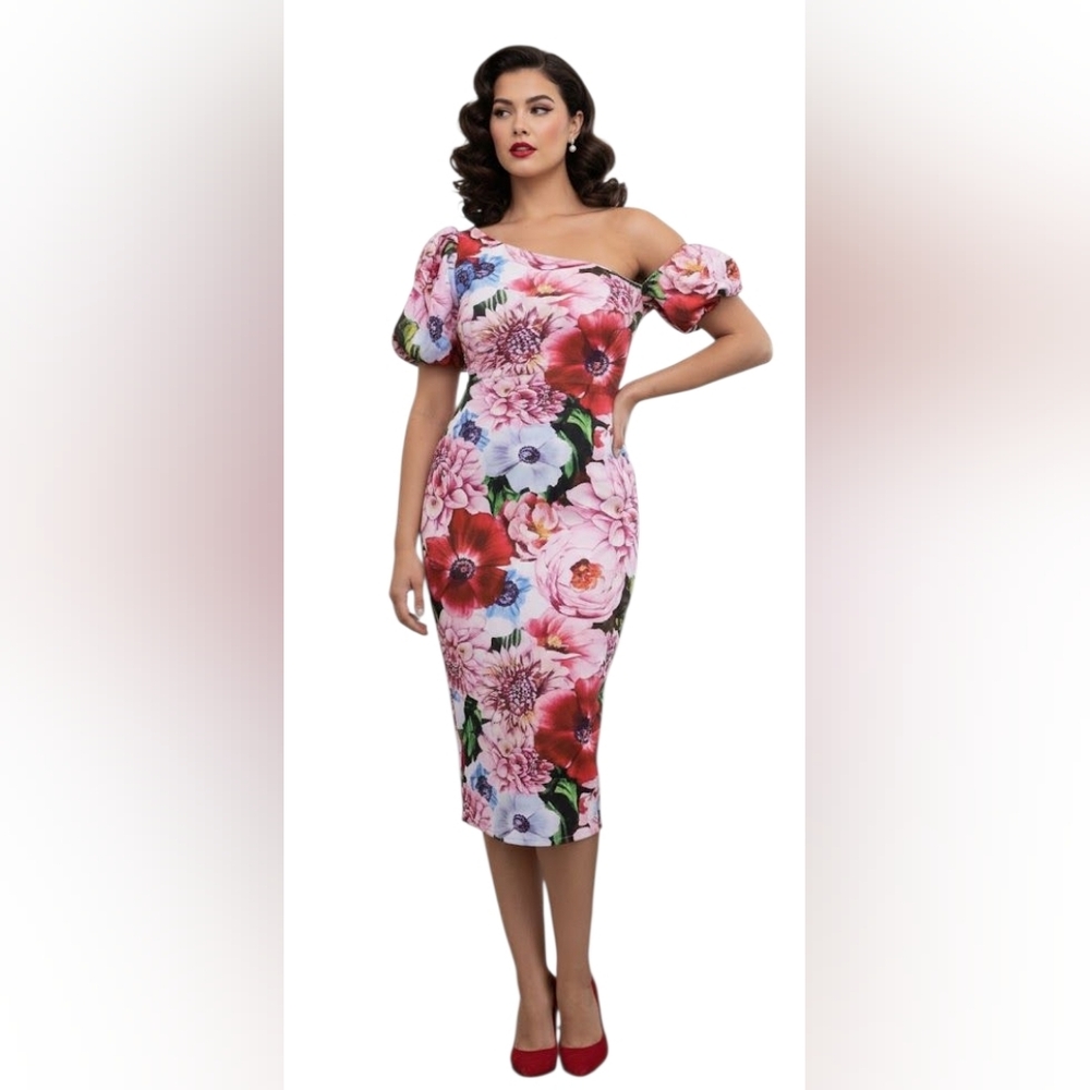 Asos Floral Puff Sleeve Midi Dress Plus Size 24